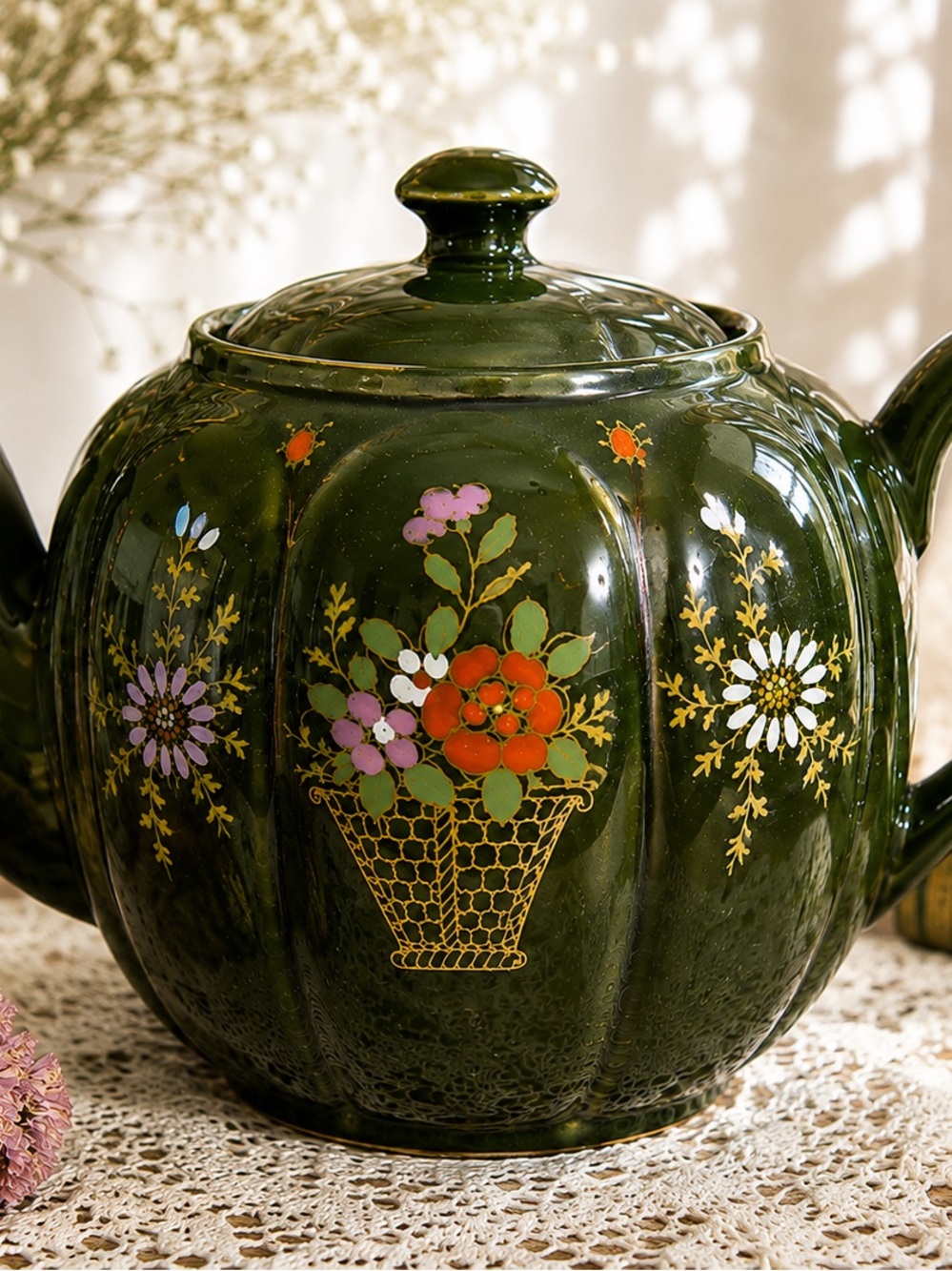 Green Floral Ceramic Teapot with Hand-Painted Basket Design